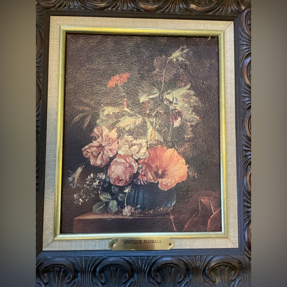 Vintage MCM Art Print "Antique Florals" Still Life in Elaborate Vintage Frame - Picture 5 of 9